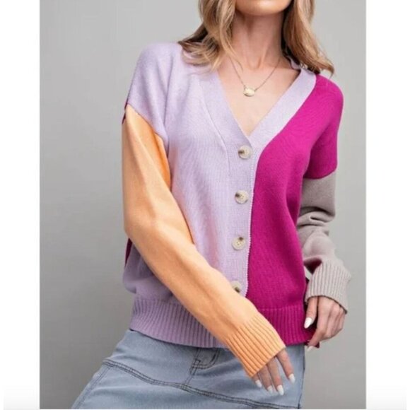 Easel Color Block Cardigan Lilac Peach Magenta Button Front Sweater NWT Small - Picture 9 of 12